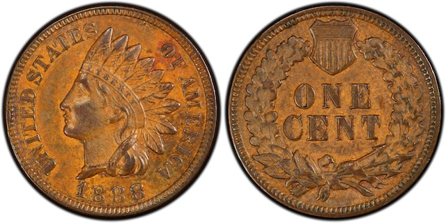 Side-by-side comparison of normal 1888 Indian Head penny date versus the rare 1888/7 Overdate variety showing ghost 7 beneath the last 8