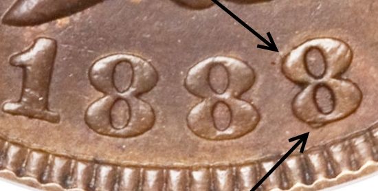Close-up of the 1888/7 Overdate Indian Head penny date showing ghost 7 remnant beneath the last 8 digit