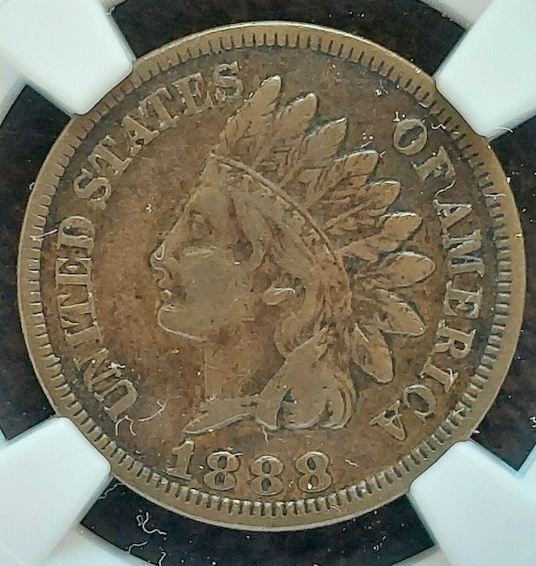Close-up of the 1888 Indian Head penny Repunched Date FS-302 showing doubled digit impression in the date