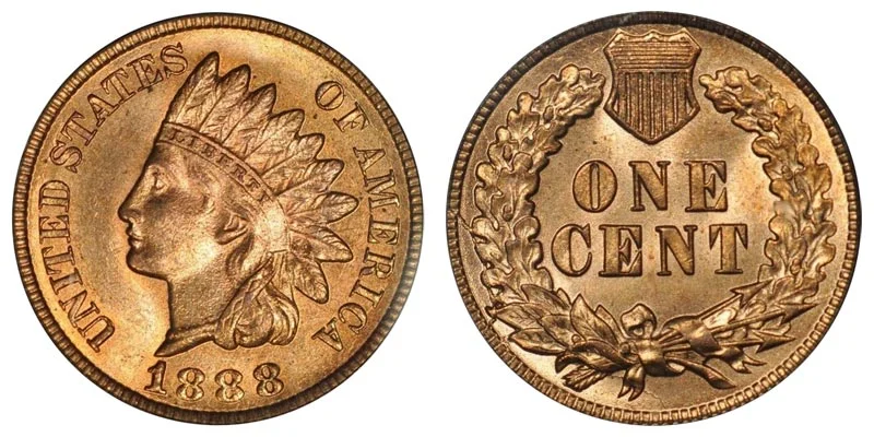 Historic Philadelphia Mint or group shot of 1888 Indian Head pennies in varying grades from worn to uncirculated